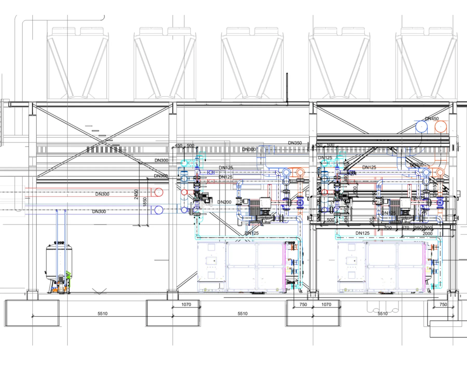 Design drawing of a refrigeration system with steel beams, DN300/DN200/DN125 pipes and dimensions